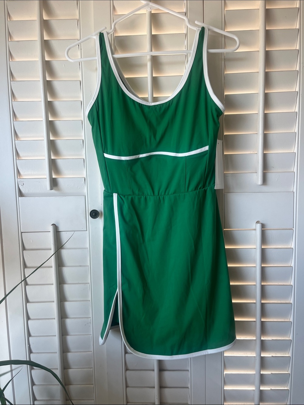 Green Spandex Skort Sleeveless Mini Dress with White Trim.